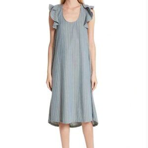 THE GREAT. Petal Striped Chambray Midi Dress Ruffle Sleeve Women's Size 2 Medium